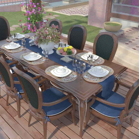 Blue patio chair pads with desk