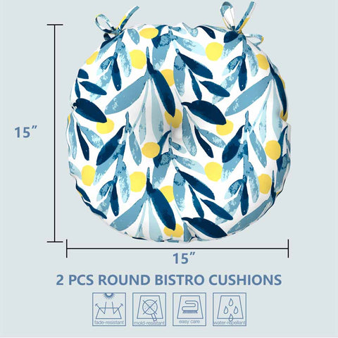 LVTXIII Outdoor Round Bistro Seat Cushions 15"x15"x4"  Blue Leaves（Set of 2）