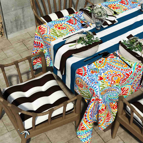 black and white striped chair pads on table