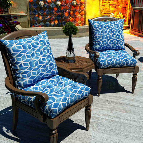 blue outdoor seat cushions on chair