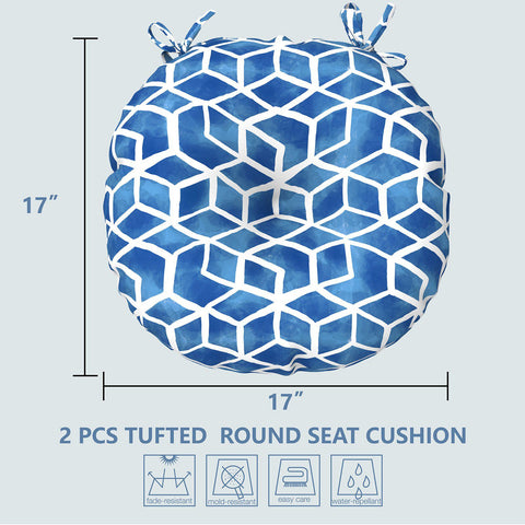 Livingsunrise Round Bistro Seat Cushions Livingsunrise Indoor/Outdoor Seat Cushions All Weather Patio Chair Pads with Ties,  Comfortable Round Bistro Chair Cushions for Home Office and Patio Garden Furniture Decoration 17"x17"x5",  Set of 2,  Blue Cube
