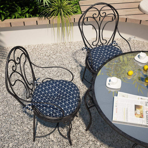 Livingsunrise Round Bistro Seat Cushions Livingsunrise Indoor/Outdoor Seat Cushions All Weather Patio Chair Pads with Ties,  Comfortable Round Bistro Chair Cushions for Home Office and Patio Garden Furniture Decoration 17"x17"x5",  Set of 2,  Geomentry Web Navy