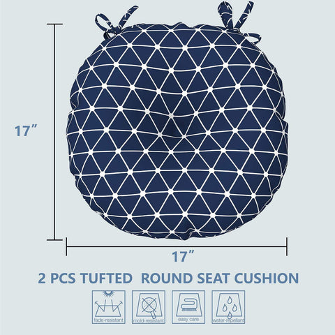 Livingsunrise Round Bistro Seat Cushions Livingsunrise Indoor/Outdoor Seat Cushions All Weather Patio Chair Pads with Ties,  Comfortable Round Bistro Chair Cushions for Home Office and Patio Garden Furniture Decoration 17"x17"x5",  Set of 2,  Geomentry Web Navy