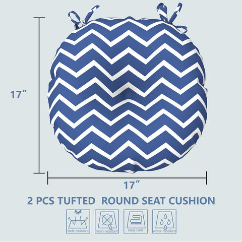 Livingsunrise Round Bistro Seat Cushions Livingsunrise Outdoor All Weather Bistro Seat Cushions,  Comfortable Fluffy Tufted Patio Chair Cushions Round 17"x17"x5" Set of 2 for Home Garden Furniture,  Zigzag Blue