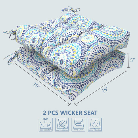 Livingsunrise Square Tufted Seat Cushions Livingsunrise Indoor/Outdoor Square Tufted Wicker Seat Cushions Pack of 2,  Patio Decorative Thick Chair Pads Seat Cushions Set for Patio Garden Home,  19"x19"x5",  Delancey Lagoon
