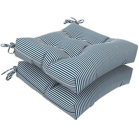 Livingsunrise Square Tufted Seat Cushions Livingsunrise Outdoor Seat Cushion with Ties,  Fade-Resistant Wicker Seat Cushions,  All Weather  Tufted Chair Pads for Patio Furniture Decoration (Square Back,  19"x19"x5",  Stripe Navy,  2 Pack)