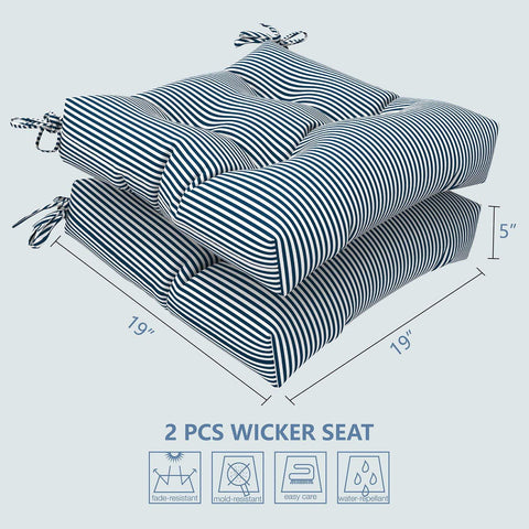 Livingsunrise Square Tufted Seat Cushions Livingsunrise Outdoor Seat Cushion with Ties,  Fade-Resistant Wicker Seat Cushions,  All Weather  Tufted Chair Pads for Patio Furniture Decoration (Square Back,  19"x19"x5",  Stripe Navy,  2 Pack)
