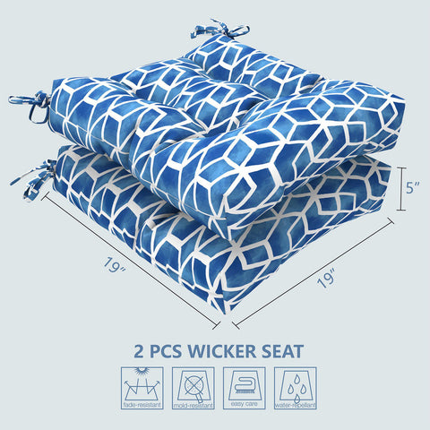 Livingsunrise Square Tufted Seat Cushions Livingsunrise Outdoor Seat Cushion with Ties,  Fade-Resistant Wicker Seat Cushions,  All Weather  Tufted Chair Pads for Patio Furniture Decoration (Square Back,  19"x19"x5",  Cube Blue,  2 Pack)