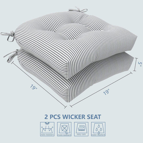Livingsunrise U-Shape Tufted Seat Cushions Livingsunrise Indoor/Outdoor U-Shaped Wicker Seat Cushion, Decorative Tufted Chair Pads Seat Cushions Set for Patio Garden Home Office Furniture, 19"x19"x5", 2 Pack, Topanga Stripe Grey