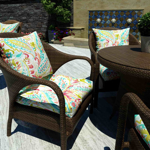 paisley seat cushions on chair with table