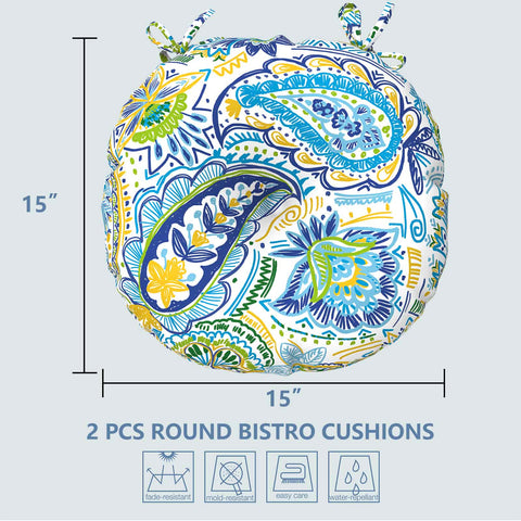 LVTXIII Outdoor Round Bistro Seat Cushions 15"x15"x4" Paisley Blue （Set of 2）