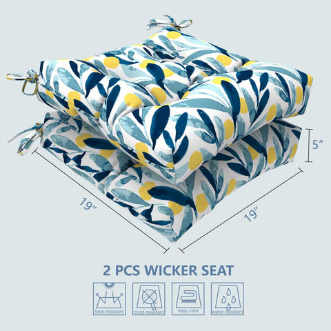 LVTXIII Outdoor Square Tufted Seat Cushions 19"x19"x5" Blue Leaves (Set of 2)